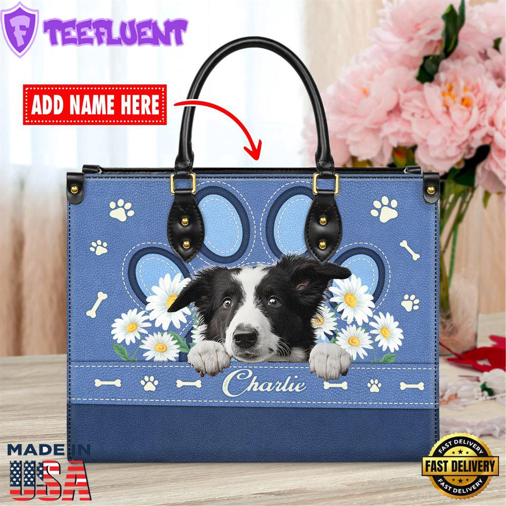 Border Collie Dog Lover Leather Bag With Daisy Flowers