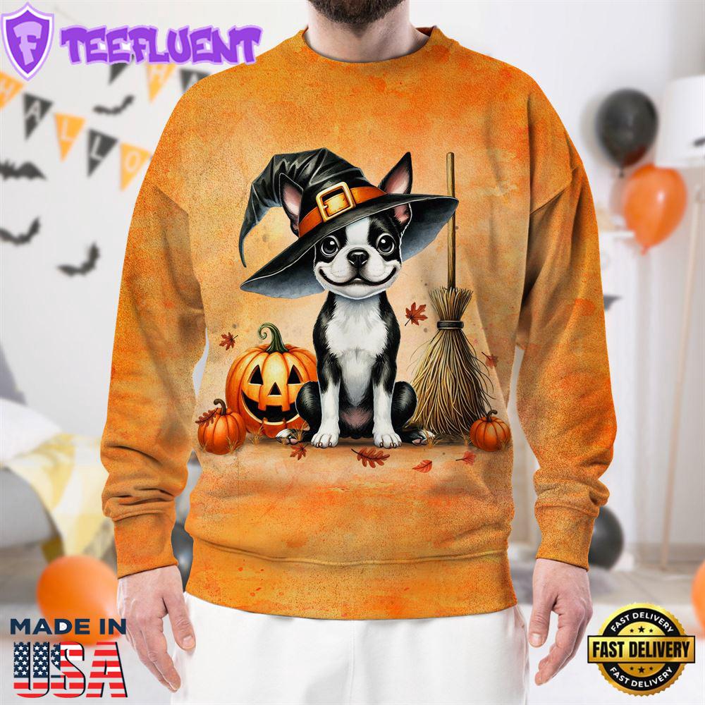 Boston Terrier Dog In Spooky Autumn Halloween 3D Shirt