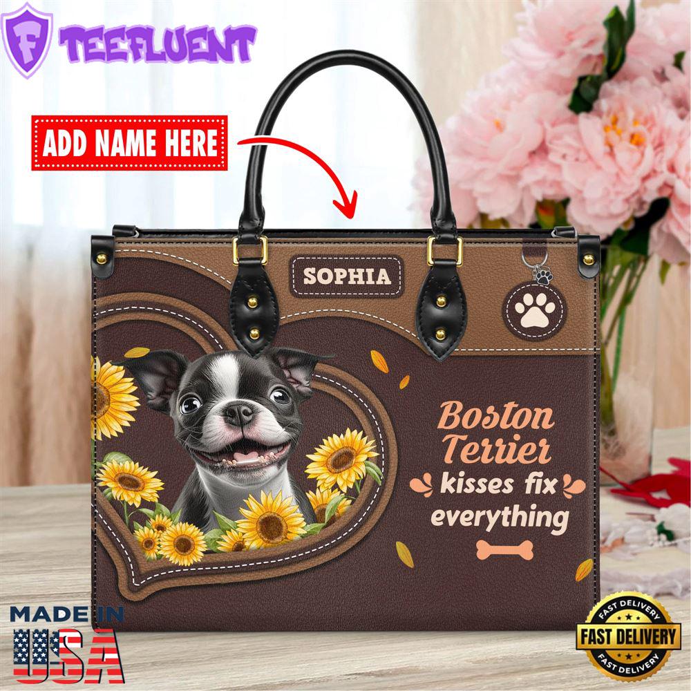 Boston Terrier Dog Kisses Fix Everything Leather Handbag