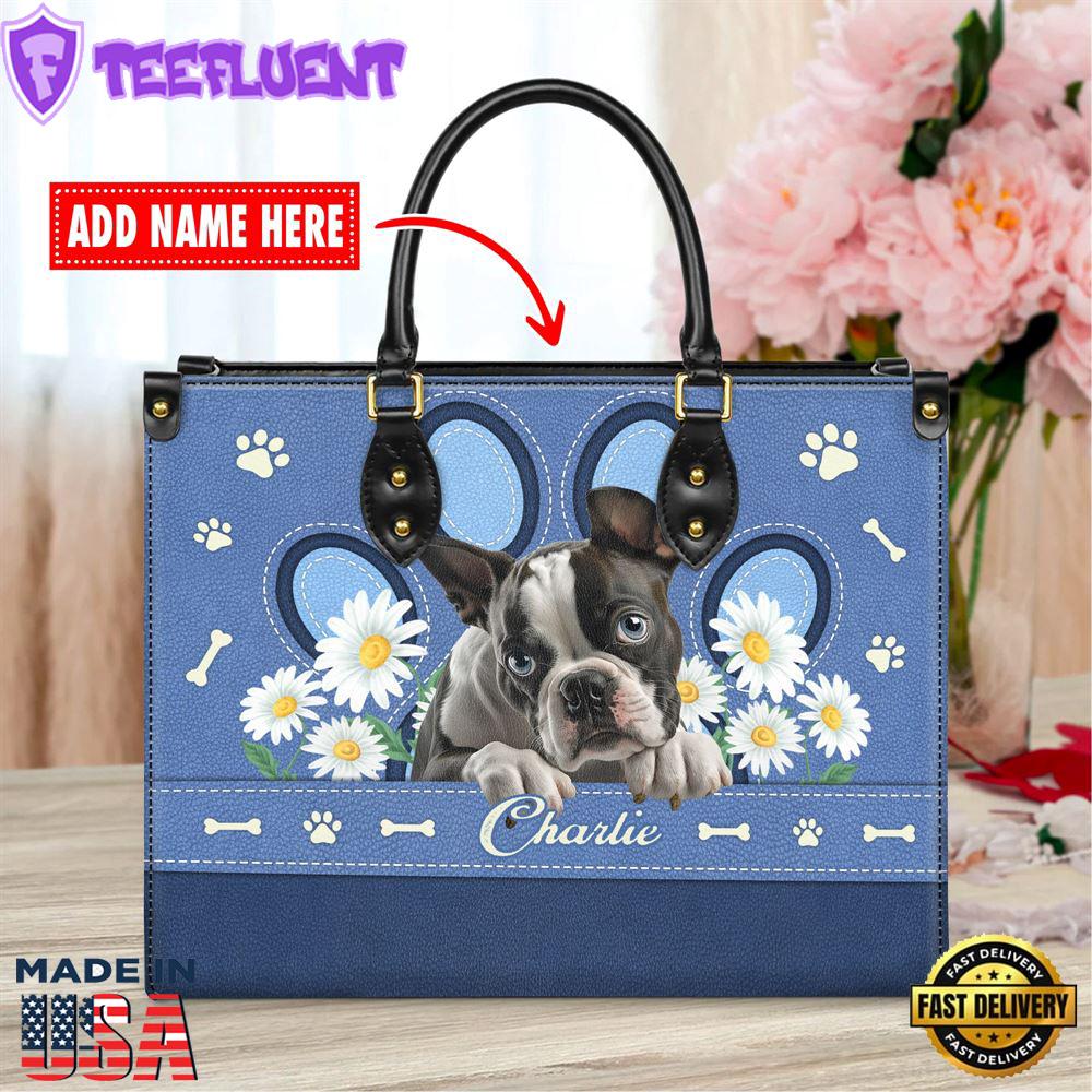 Boston Terrier Dog Lover Leather Bag With Daisy Flowers