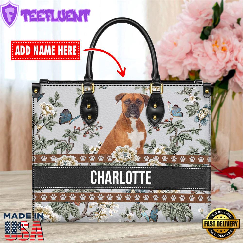 Boxer Dog Bior Leather Handbag With Flowers And Butterfly