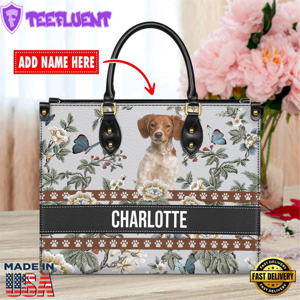 Brittany Dog Bior Leather Handbag With Flowers And Butterfly