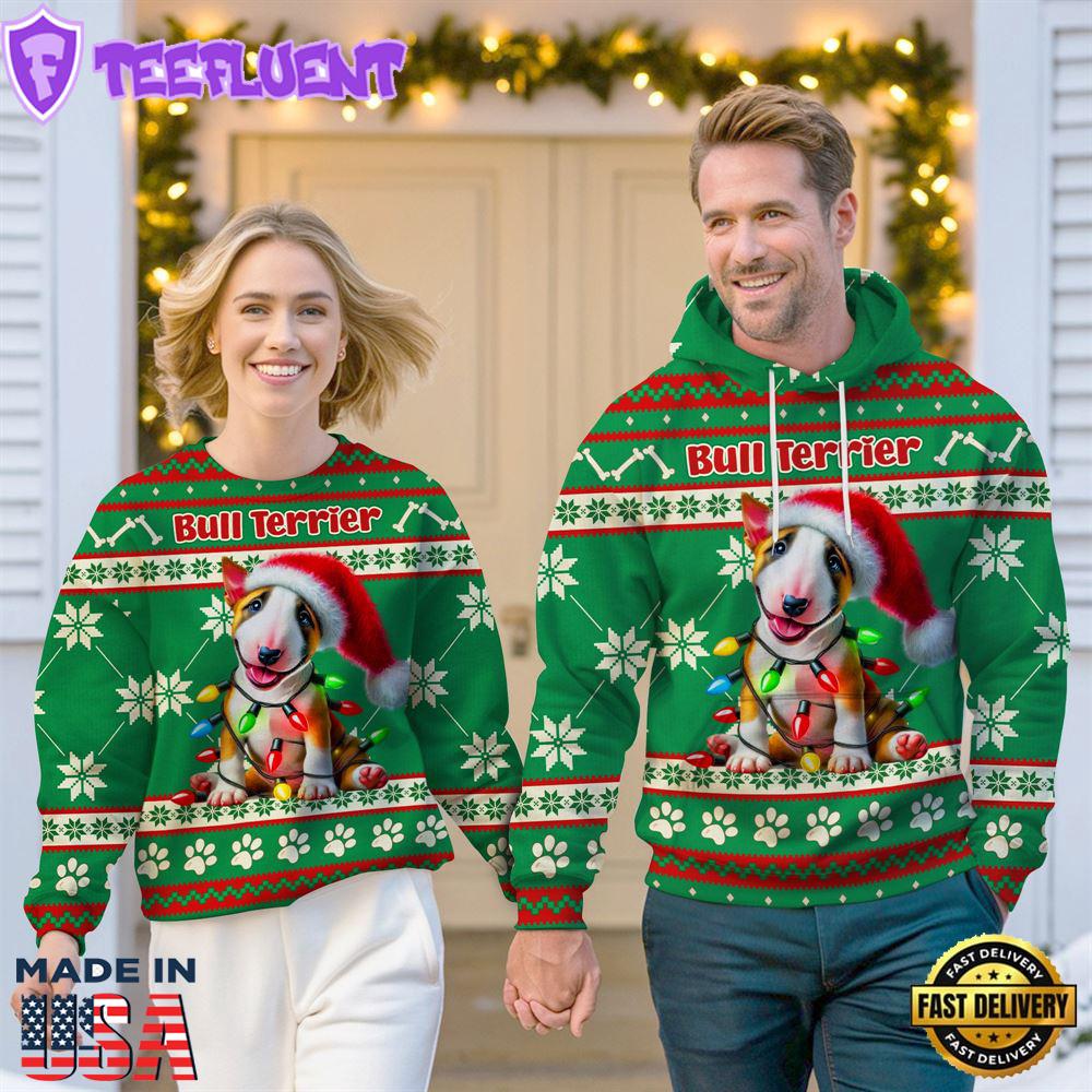 Bull Terrier Dog Cheer with Santa Hat Christmas Sweatshirt And Hoodie Green