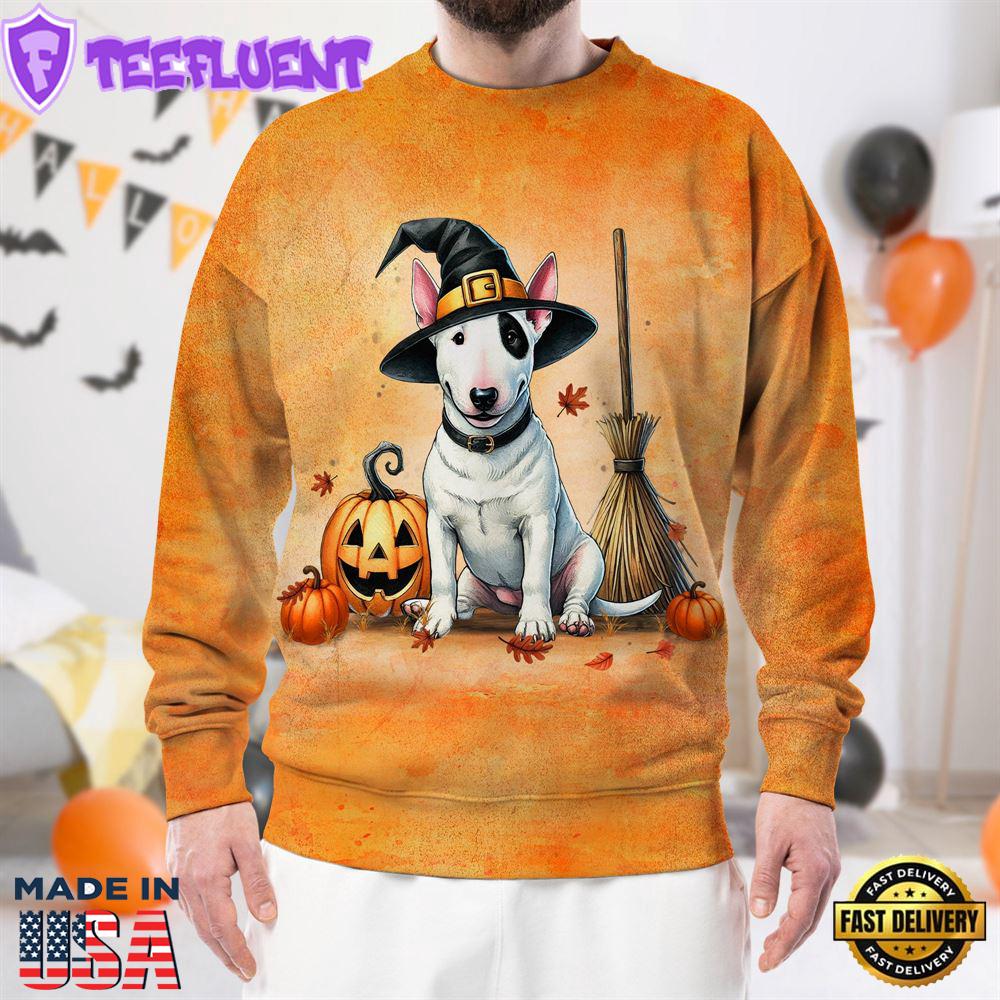 Bull Terrier Dog In Spooky Autumn Halloween 3D Shirt