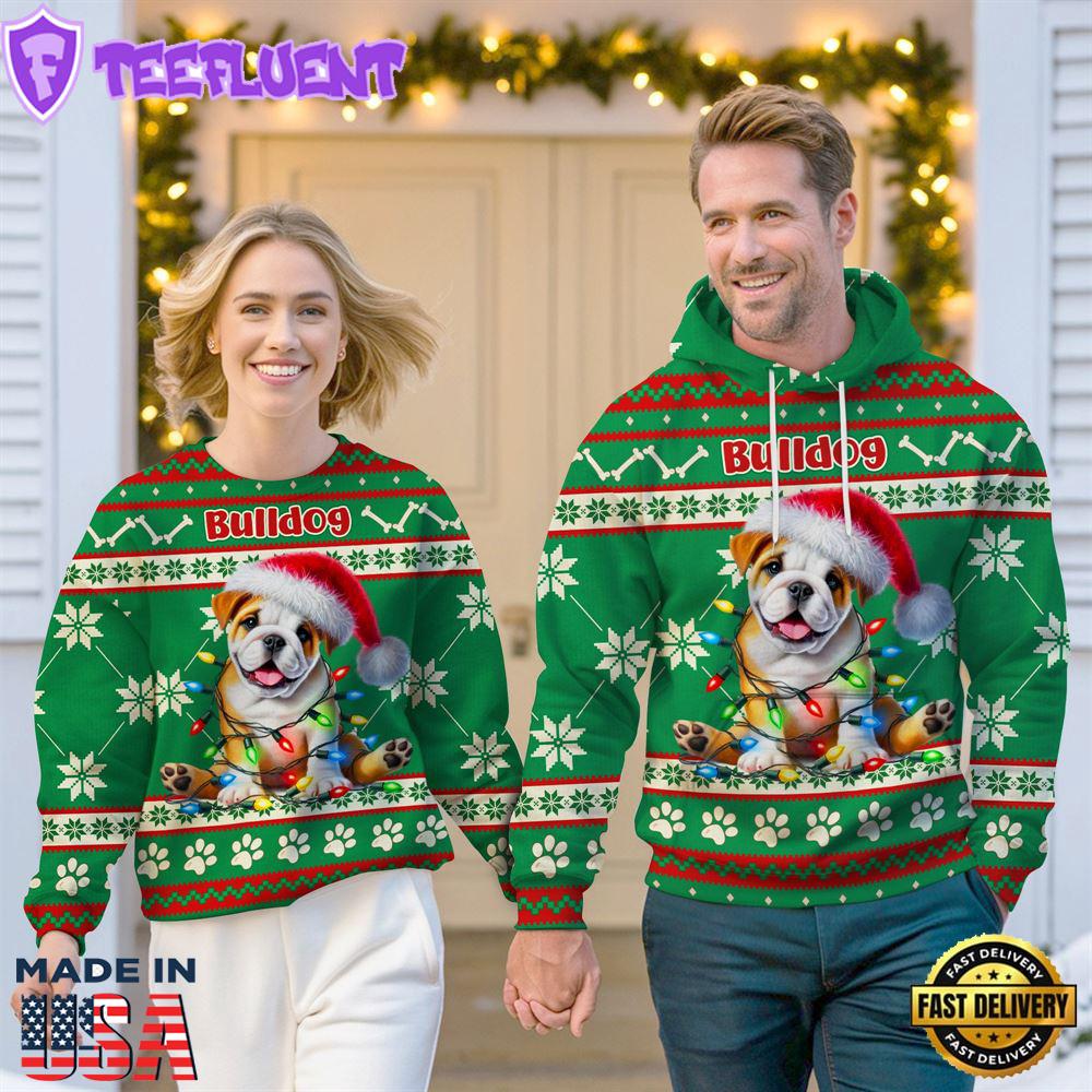 Bulldog Cheer with Santa Hat Christmas Sweatshirt And Hoodie Green