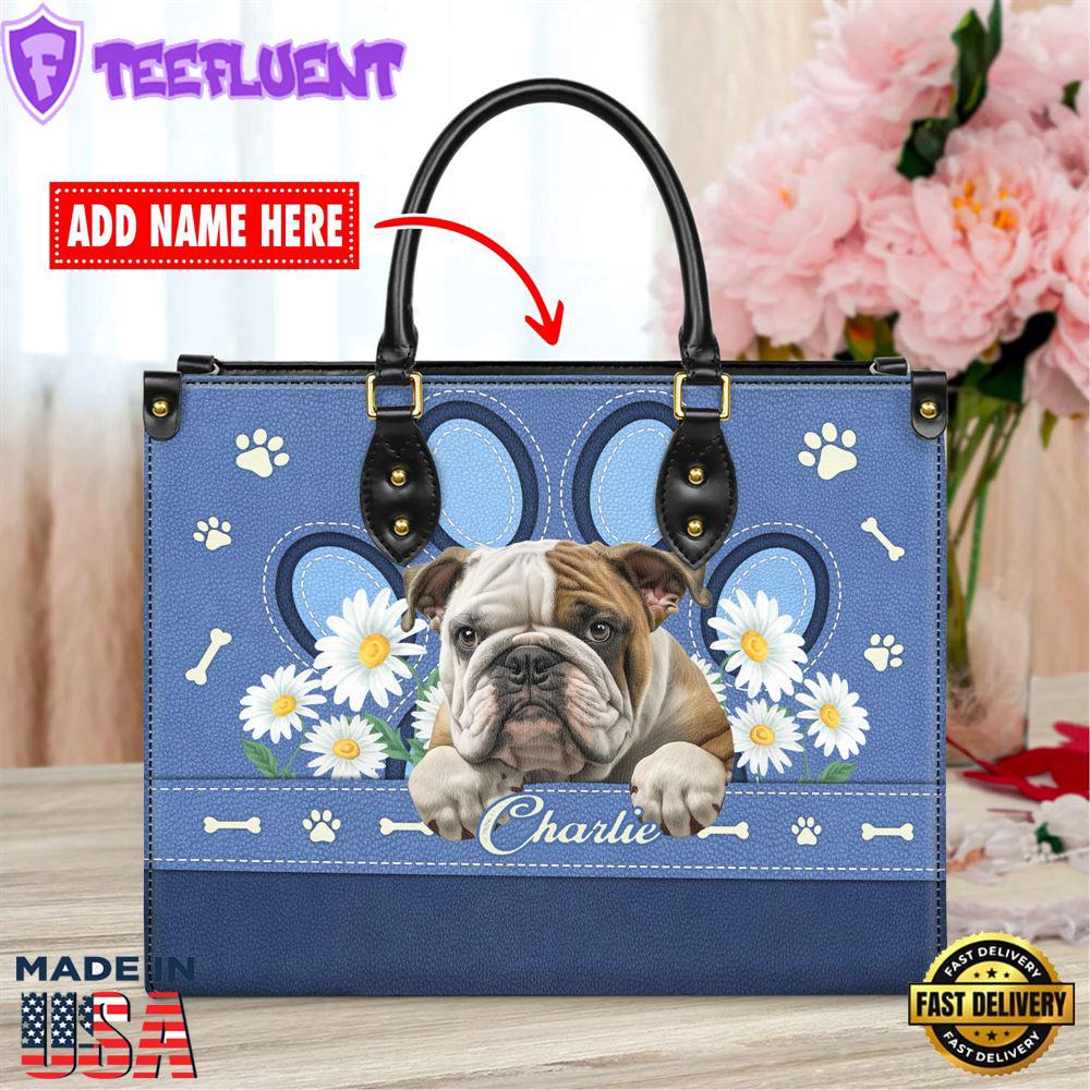 Bulldog Lover Leather Bag With Daisy Flowers