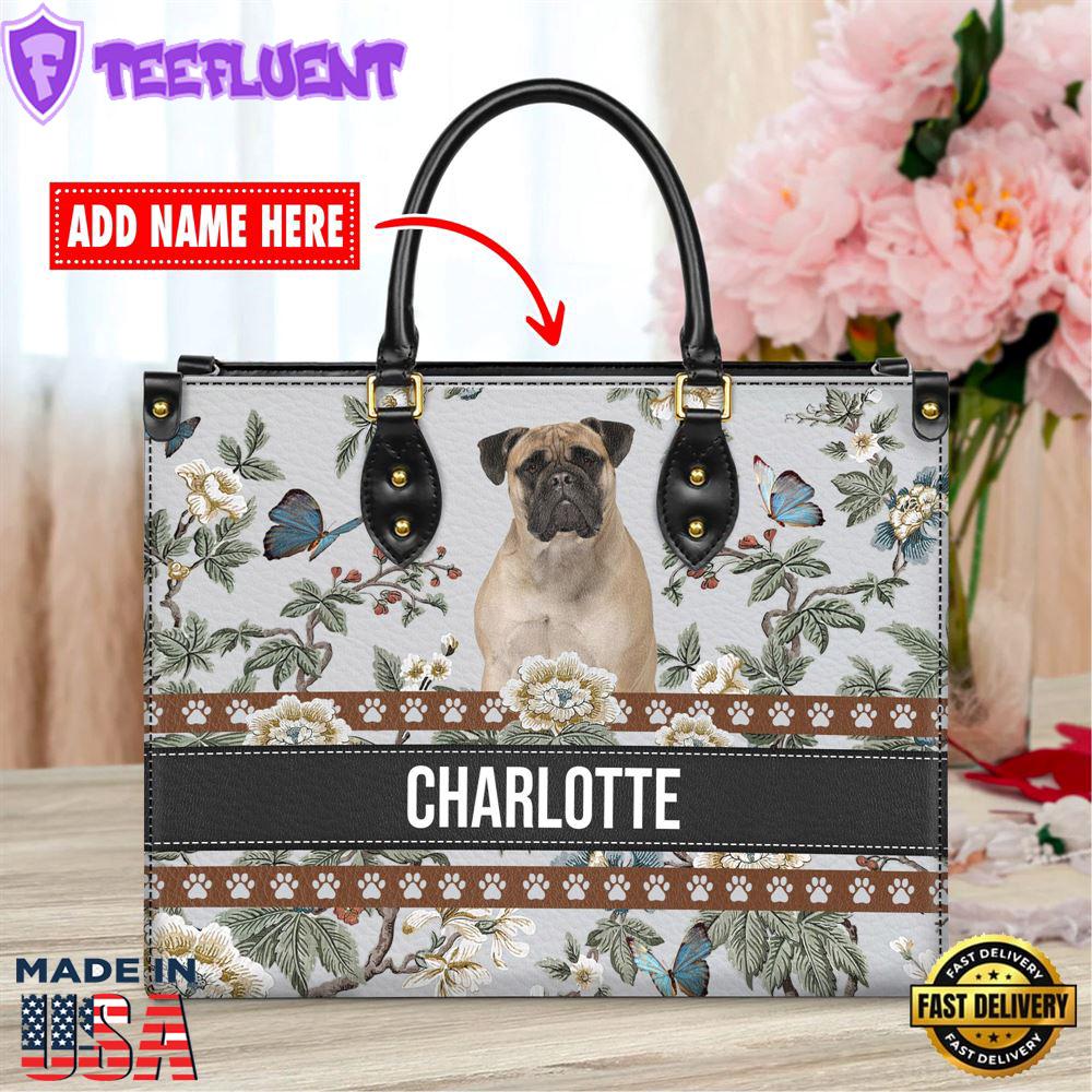 Bullmastiff Dog Bior Leather Handbag With Flowers And Butterfly