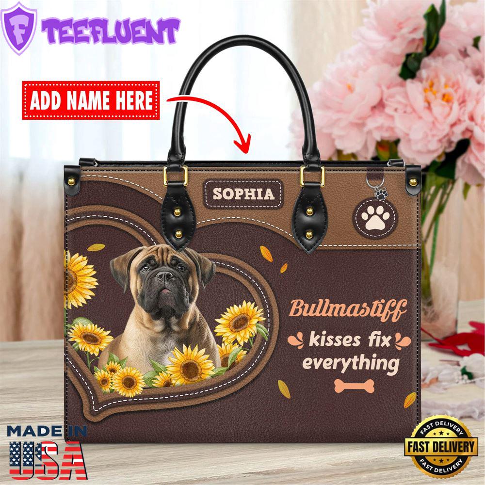 Bullmastiff Dog Kisses Fix Everything Leather Handbag