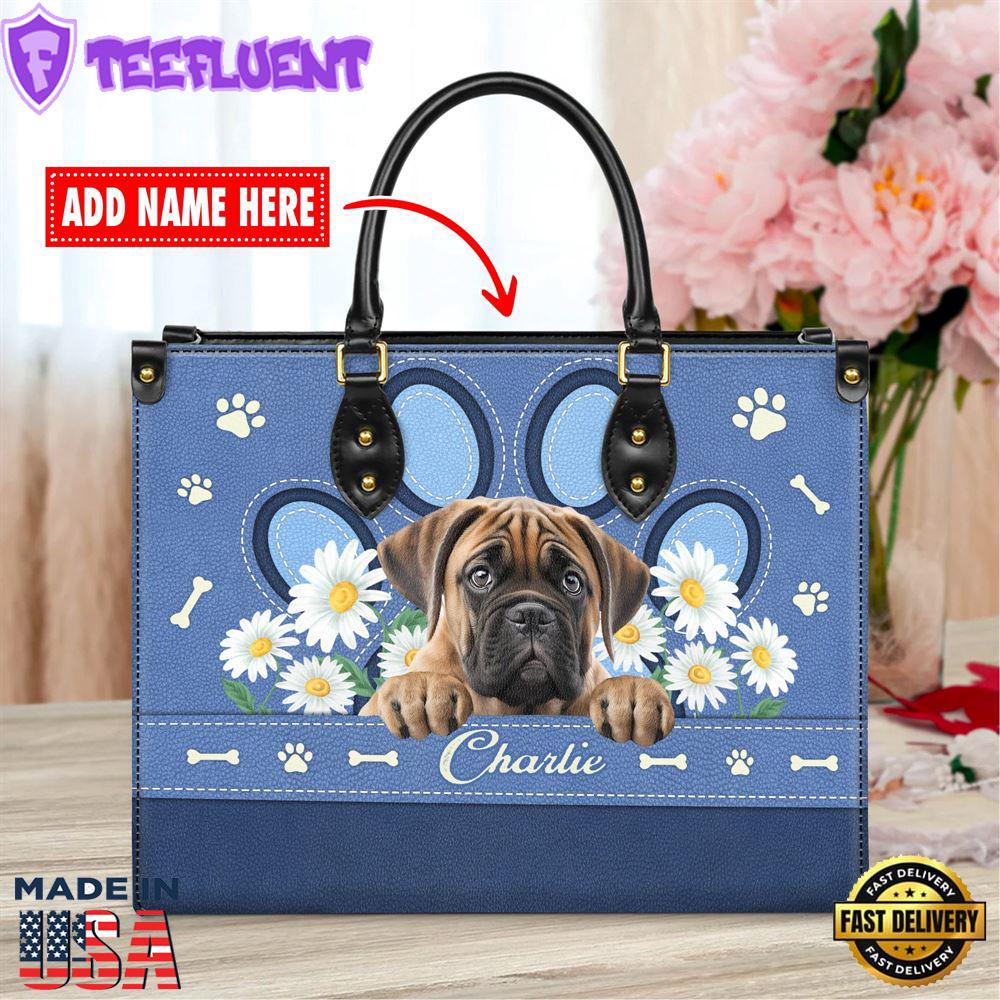 Bullmastiff Dog Lover Leather Bag With Daisy Flowers