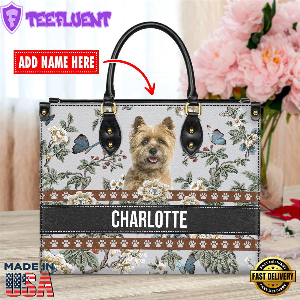 Cairn Terrier Dog Bior Leather Handbag With Flowers And Butterfly