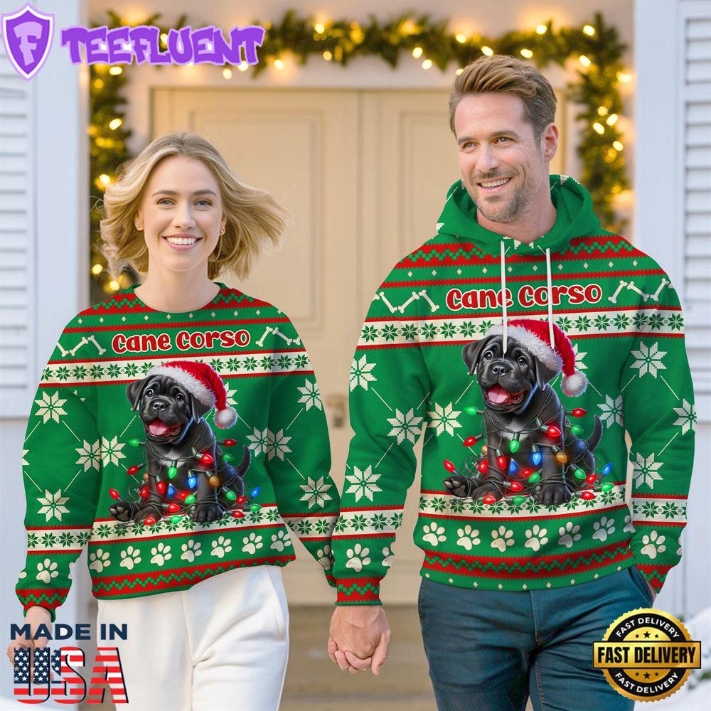 Cane Corso Dog Cheer with Santa Hat Christmas Sweatshirt And Hoodie Green