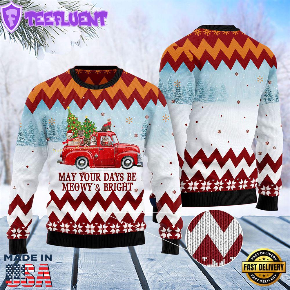 Cat Red Truck Ugly Christmas Sweater