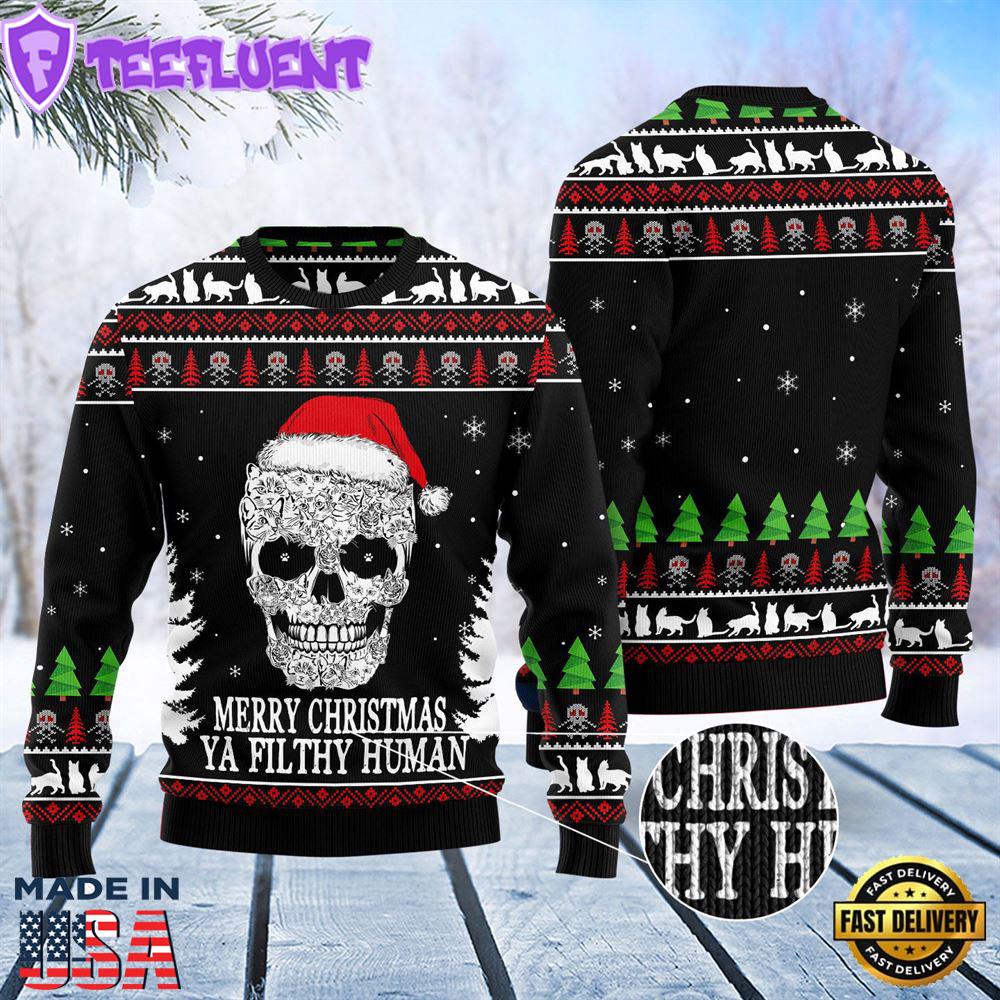 Cat Skull Santa Ugly Christmas Sweater
