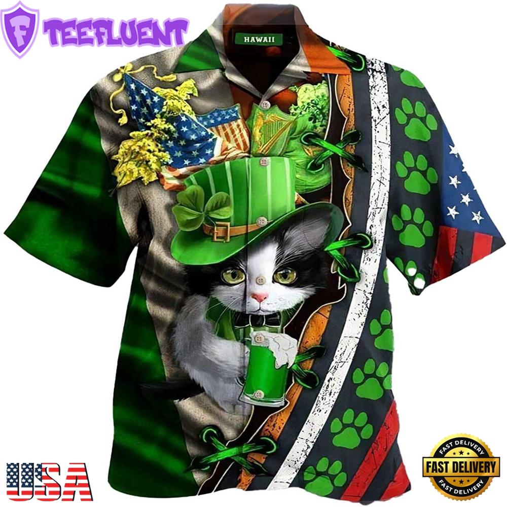 Cat St Patrick'S Day, Shamrock Shirt, Irish Hawaiian Shirt