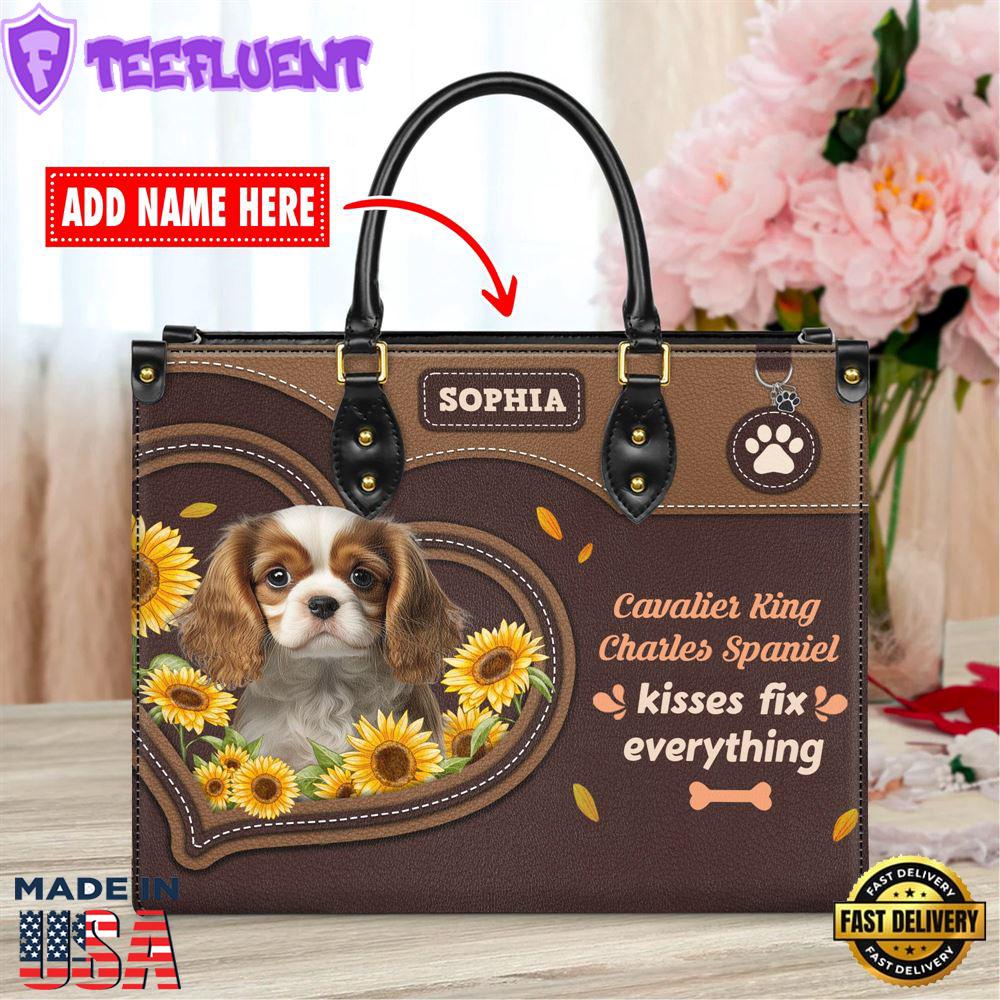 Cavalier King Charles Spaniel Dog Kisses Fix Everything Leather Handbag