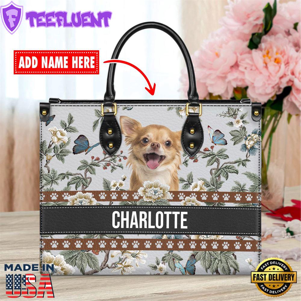Chihuahua Dog Bior Leather Handbag With Flowers And Butterfly