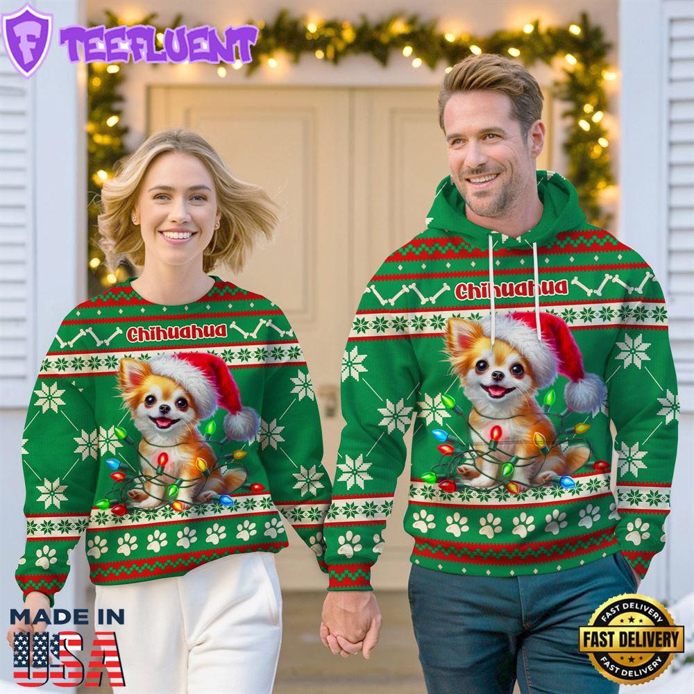 Chihuahua Dog Cheer with Santa Hat Christmas Sweatshirt And Hoodie Green