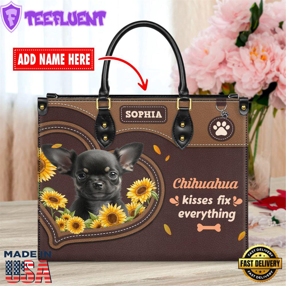 Chihuahua Dog Kisses Fix Everything Leather Handbag