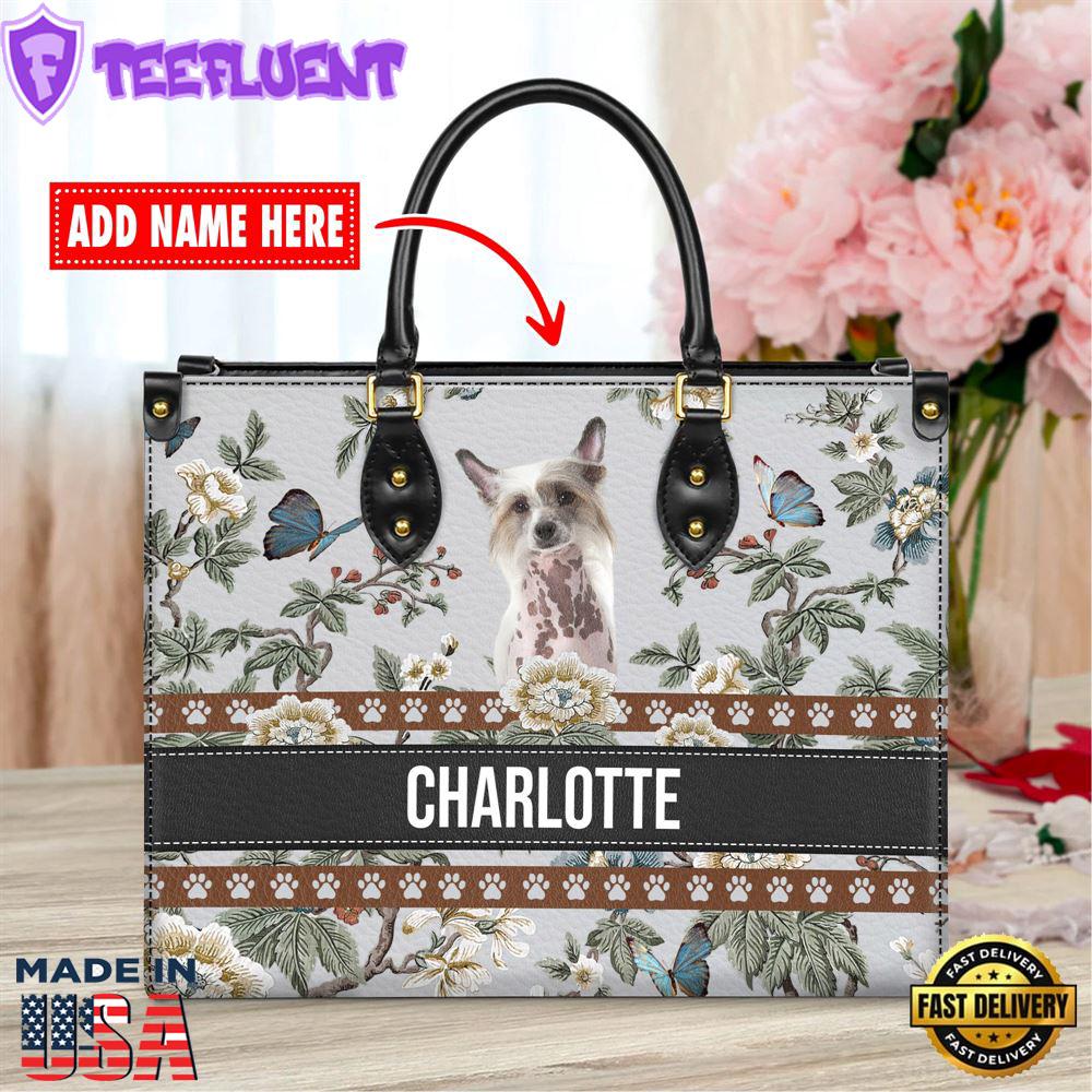 Chinese Creasted Dog Bior Leather Handbag With Flowers And Butterfly