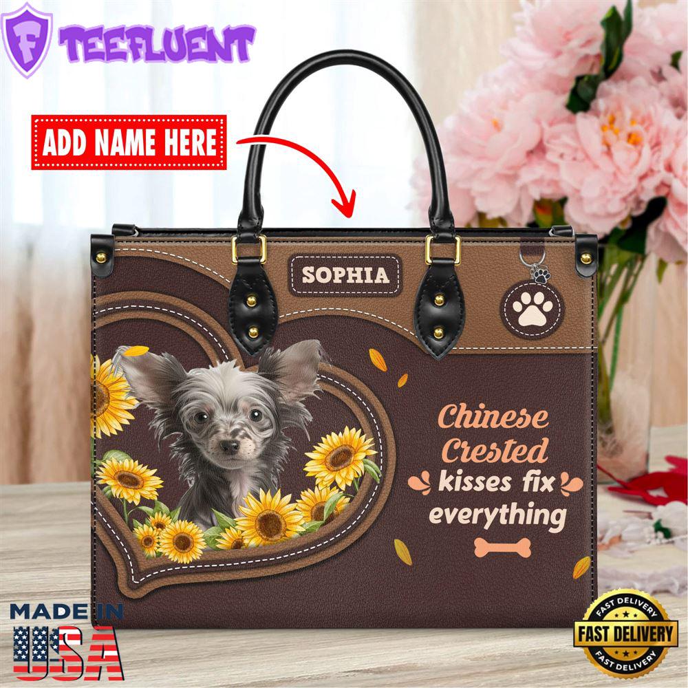Chinese Creasted Dog Kisses Fix Everything Leather Handbag