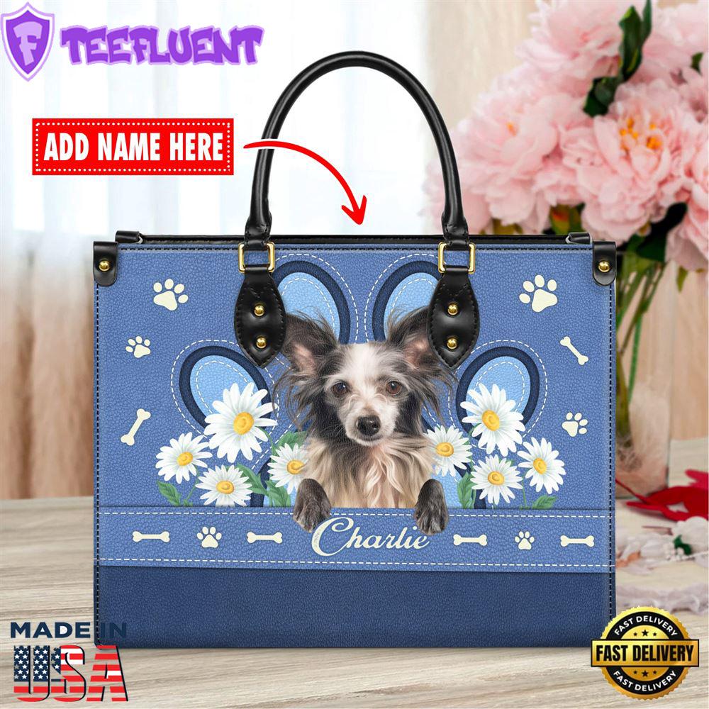 Chinese Creasted Dog Lover Leather Bag With Daisy Flowers