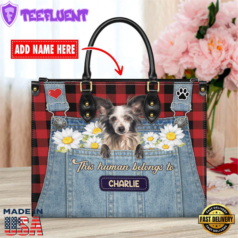 Chinese Creasted Dog This Human Belongs To Leather Handbag