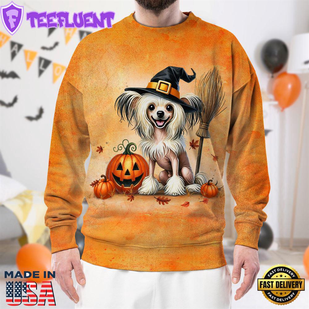 Chinese Crested Dog In Spooky Autumn Halloween 3D Shirt