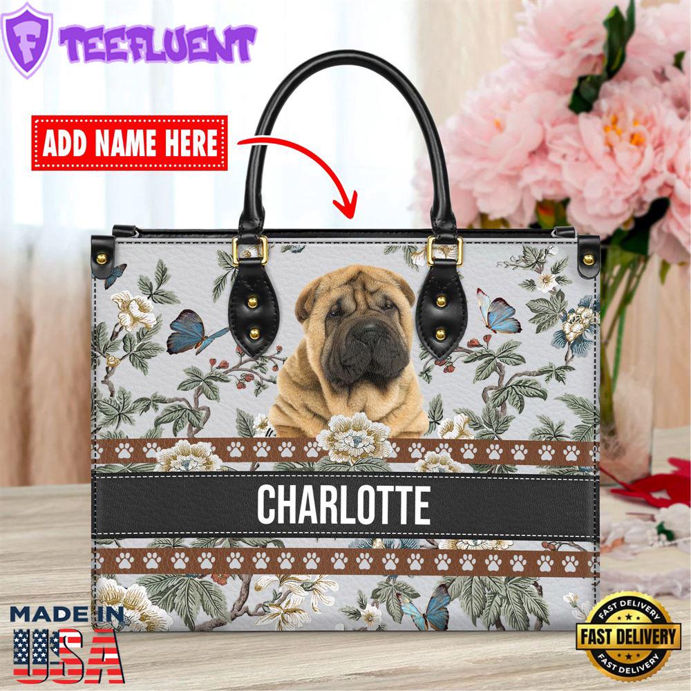 Chinese Shar-Pei Dog Bior Leather Handbag With Flowers And Butterfly