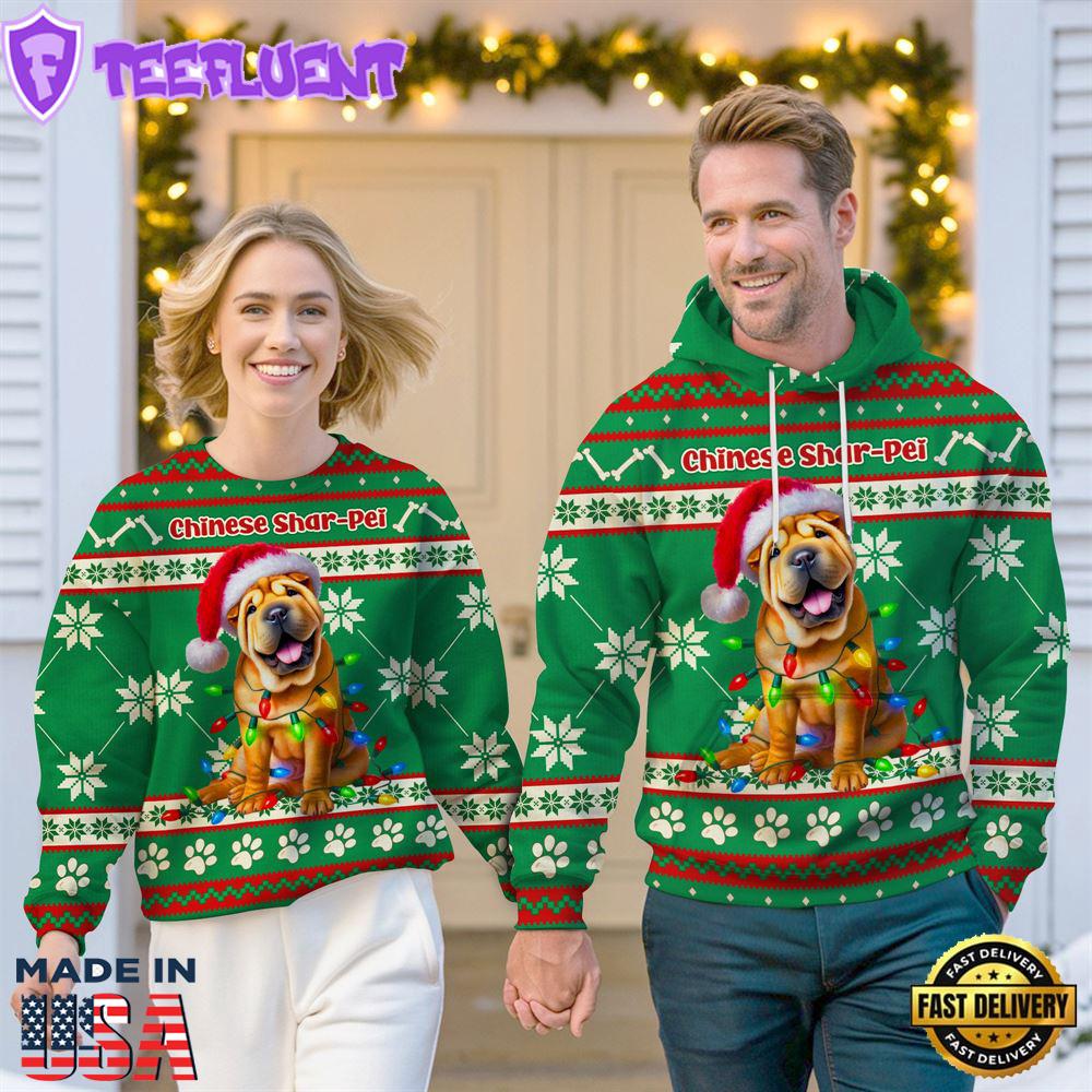 Chinese Shar-Pei Dog Cheer with Santa Hat Christmas Sweatshirt And Hoodie Green