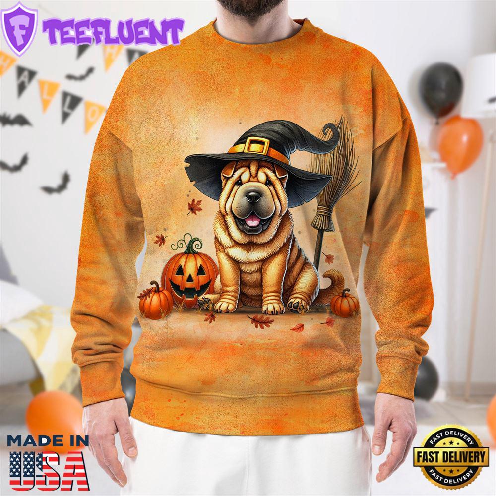 Chinese Shar-Pei Dog In Spooky Autumn Halloween 3D Shirt