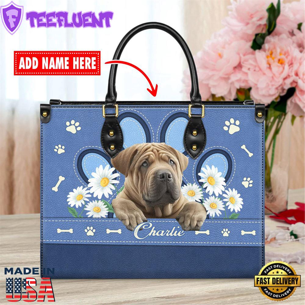 Chinese Shar-Pei Dog Lover Leather Bag With Daisy Flowers