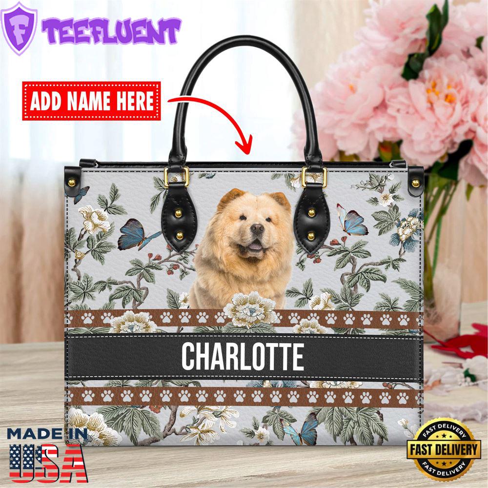 Chow Chow Dog Bior Leather Handbag With Flowers And Butterfly