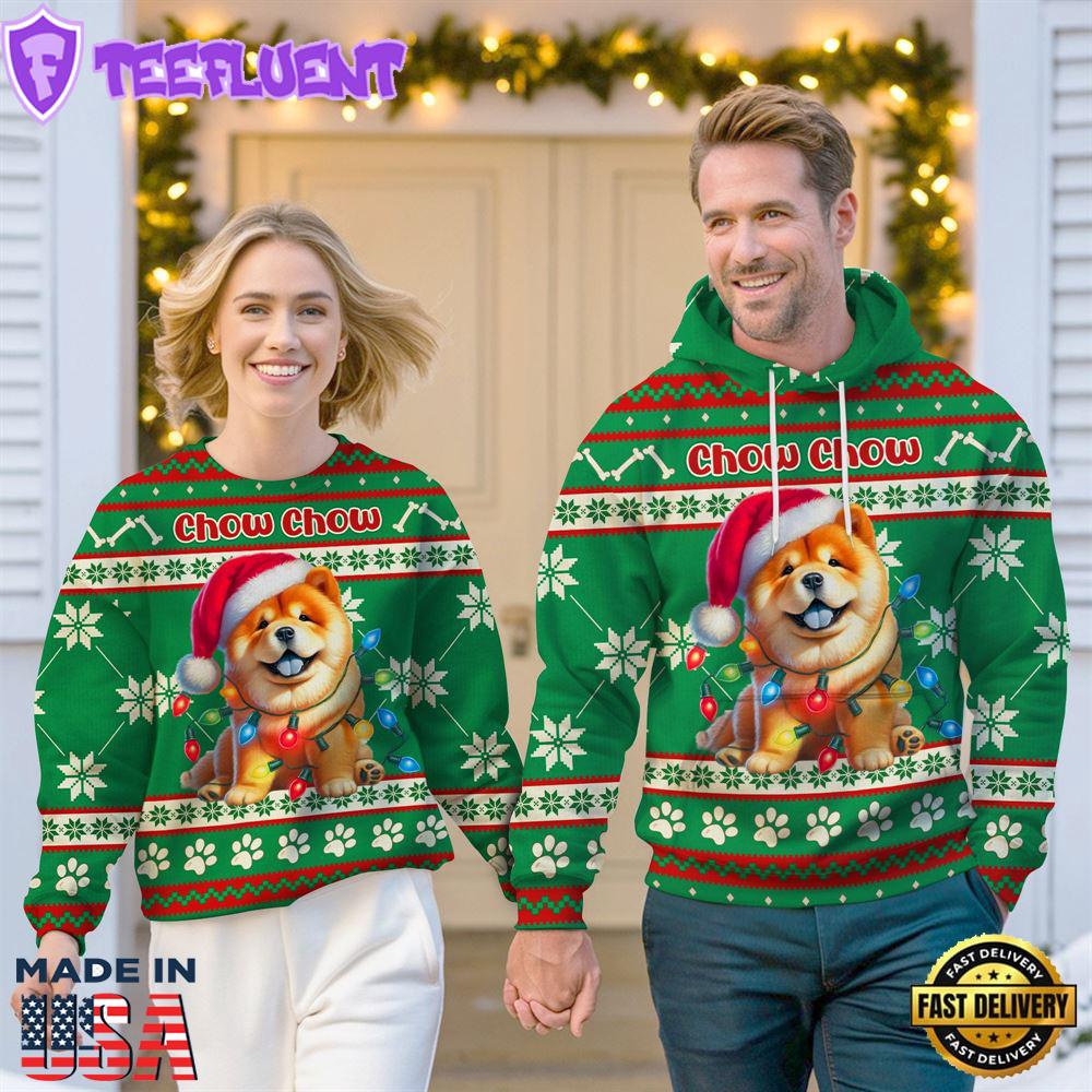 Chow Chow Dog Cheer with Santa Hat Christmas Sweatshirt And Hoodie Green