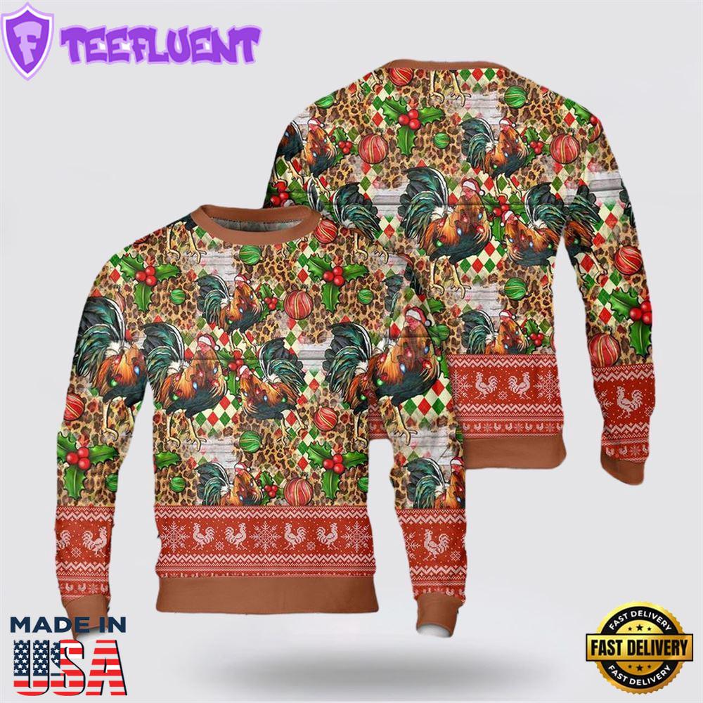 Christmas Leopard Chicken Seamless Pattern Ugly Christmas Sweater