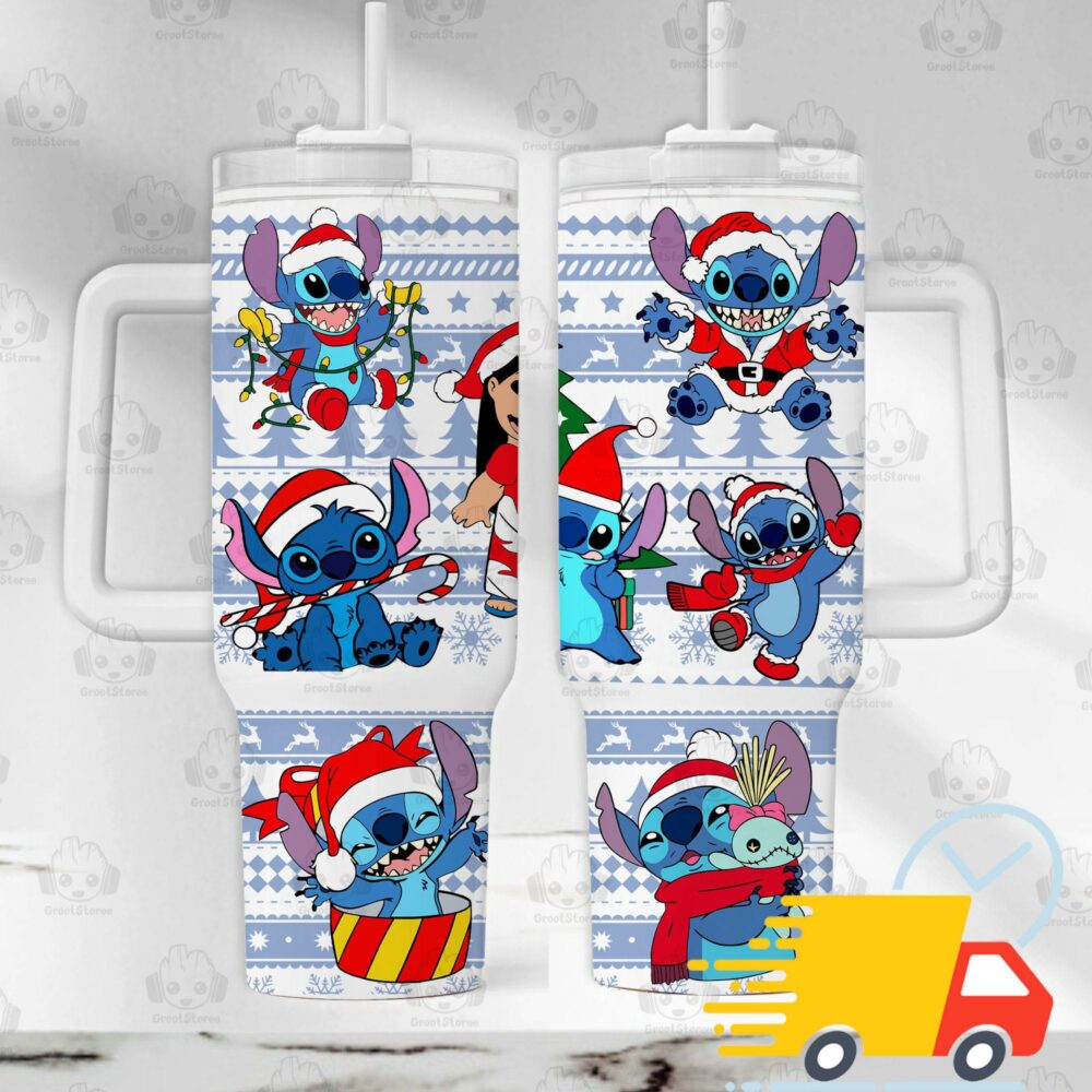 Christmas Lilo And Stitch Disney Cartoon Custom Stanley Quencher 40oz Stainless Steel Tumbler With Handle