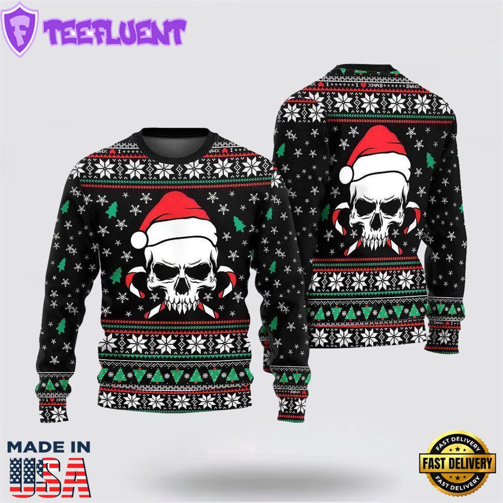 Christmas Skull Wearing Santa Claus Ugly Christmas Sweater For Men And Women