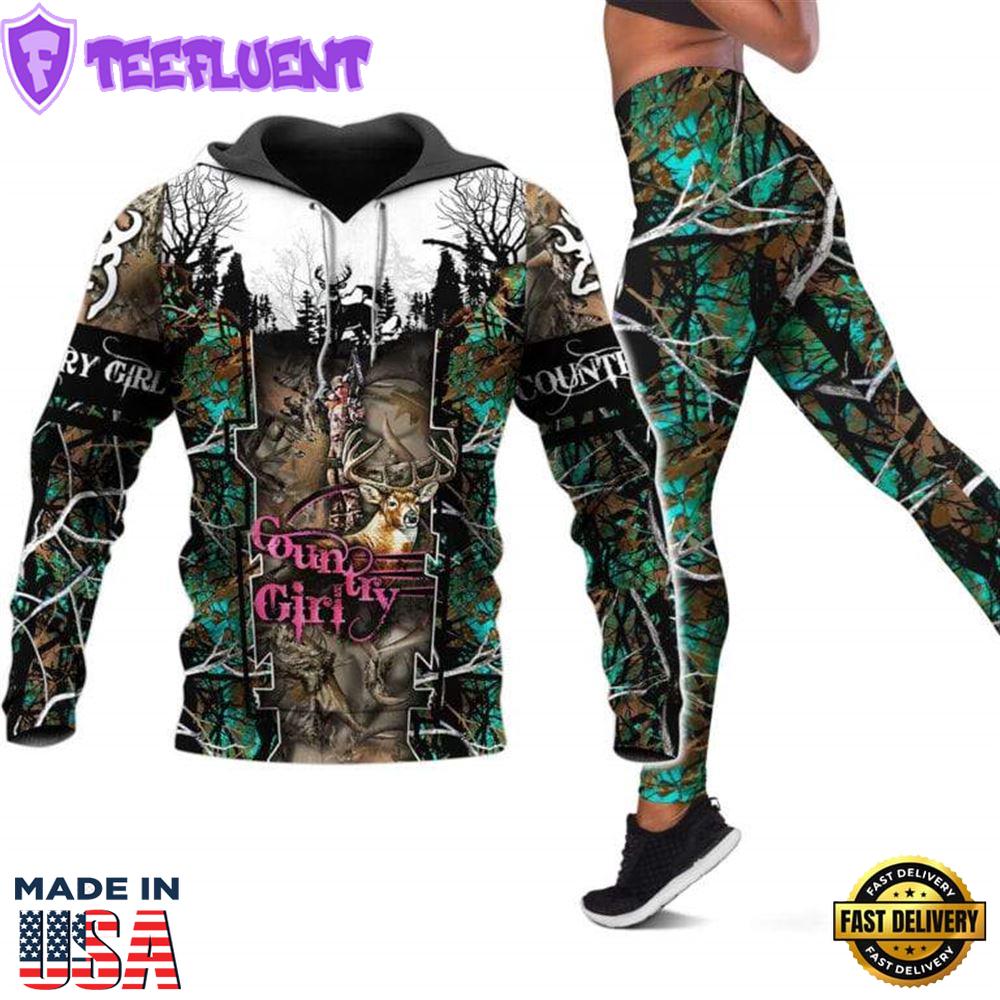 Country Girl All Over Print Leggings Hoodie Set Outfit For Women Green