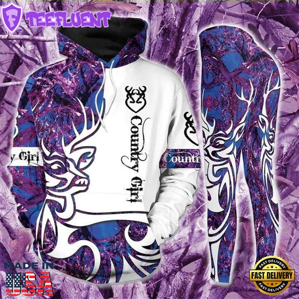 Country Girl Purple White All Over Print Leggings Hoodie Set Outfit For Women Gift Xmas