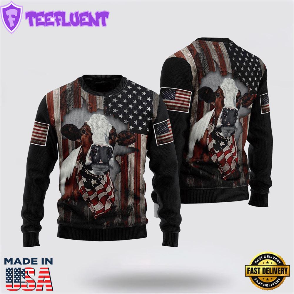 Cow American Flag Patriotic Ugly Christmas Sweater