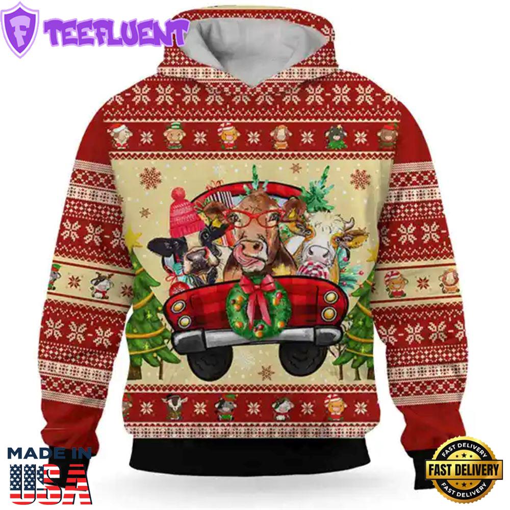 Cow Christmas Funny Farm Truck Red Christmas Hoodie All Over Print