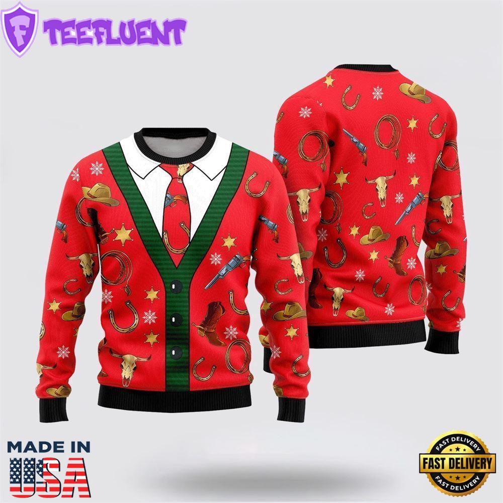 Cowboy Pattern Christmas Red Ugly Christmas Sweater