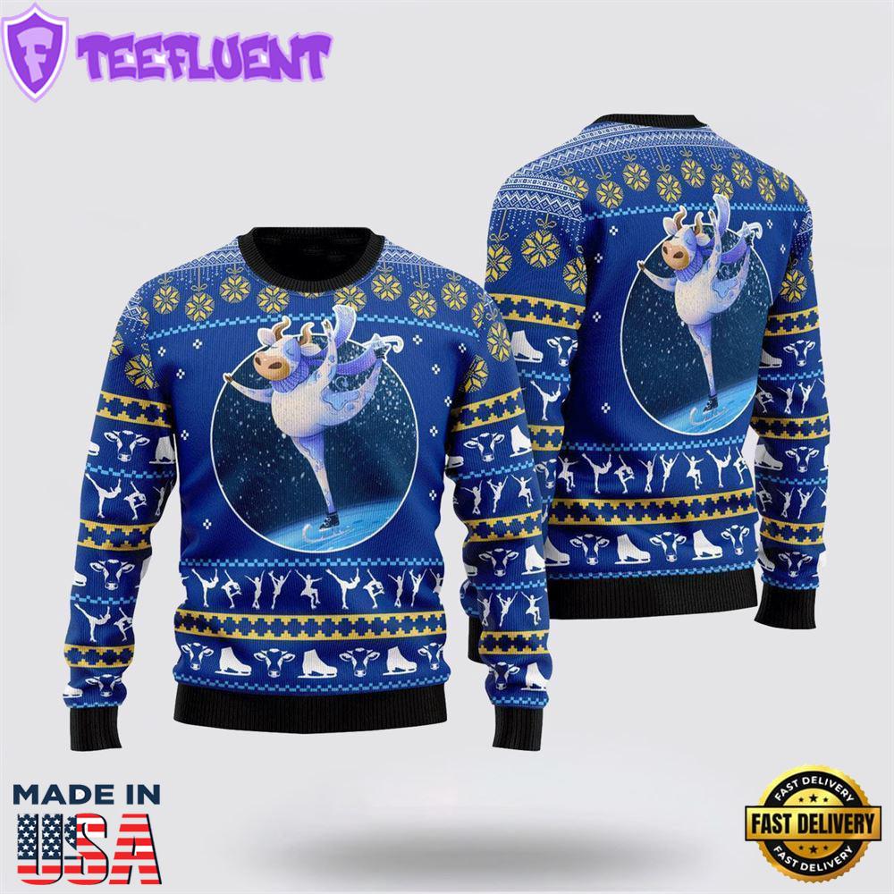 Cows Ice Skating Ugly Christmas Sweater