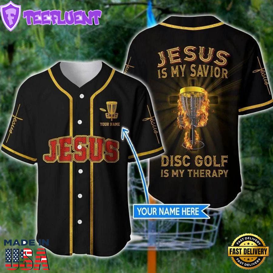 Cross Flame Baseball Jersey - Jesus Disc Golf Is My Therapy Custom Baseball Jersey