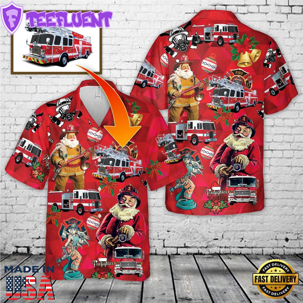 Custom Image Firefighter Fire Truck Christmas Hawaiian Shirt