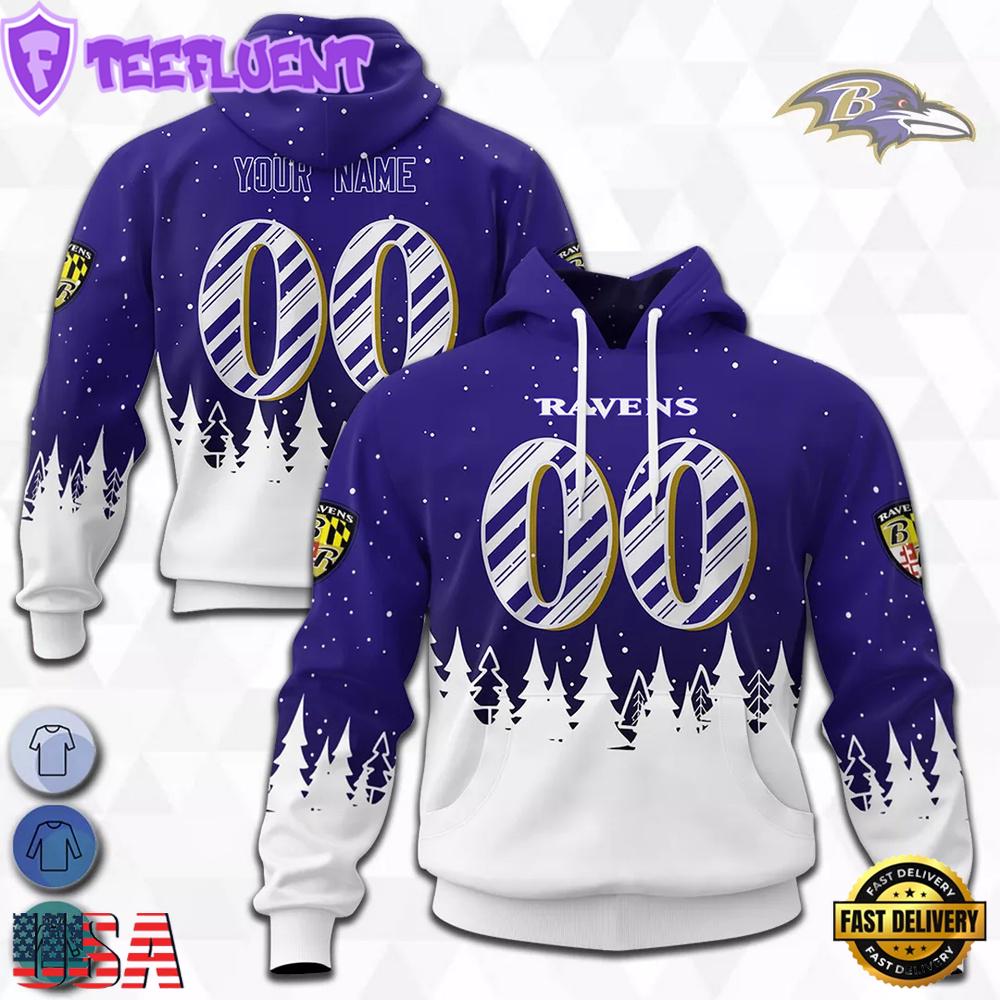 Custom Name And Number NFL Baltimore Ravens Christmas Spirit All Over Print Hoodie Shirt