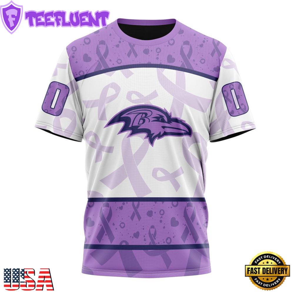 Custom Name And Number NFL Baltimore Ravens Football Team Fight Cancer 3D T-Shirt
