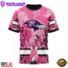 Custom Name And Number NFL Baltimore Ravens Pink Breast Cancer 3D T-Shirt