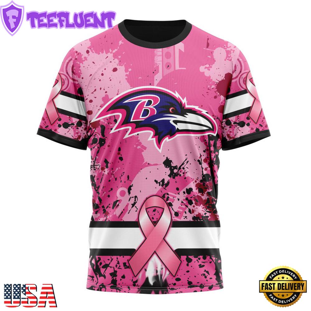 Custom Name And Number NFL Baltimore Ravens Pink Breast Cancer 3D T-Shirt