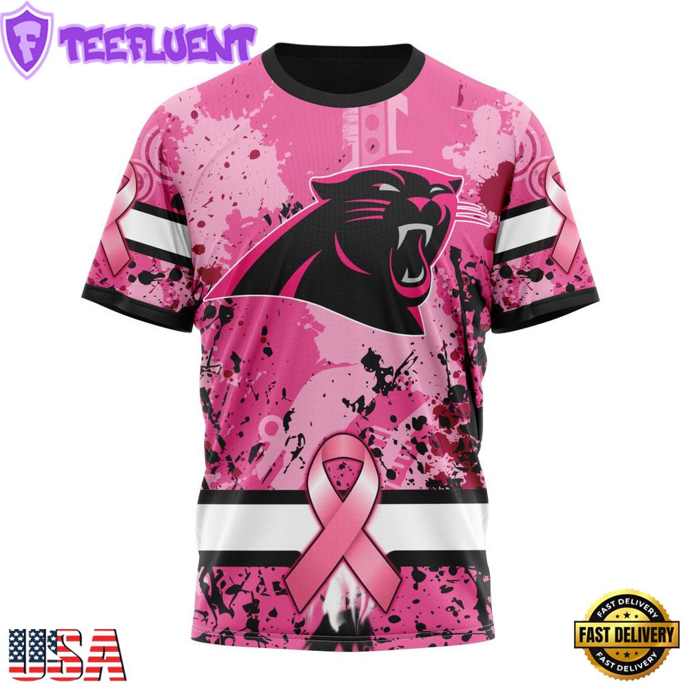 Custom Name And Number NFL Carolina Panthers Pink Breast Cancer 3D T-Shirt