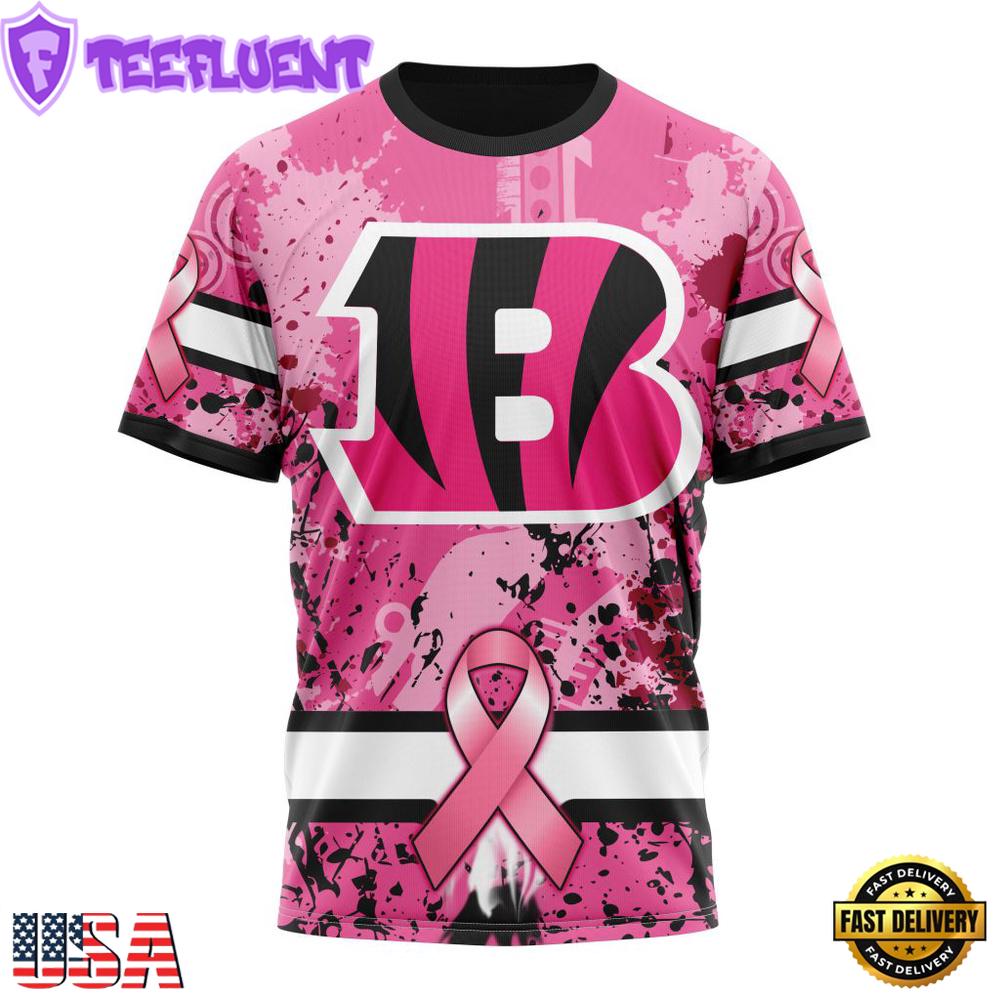 Custom Name And Number NFL Cincinnati Bengals Pink Breast Cancer 3D T-Shirt